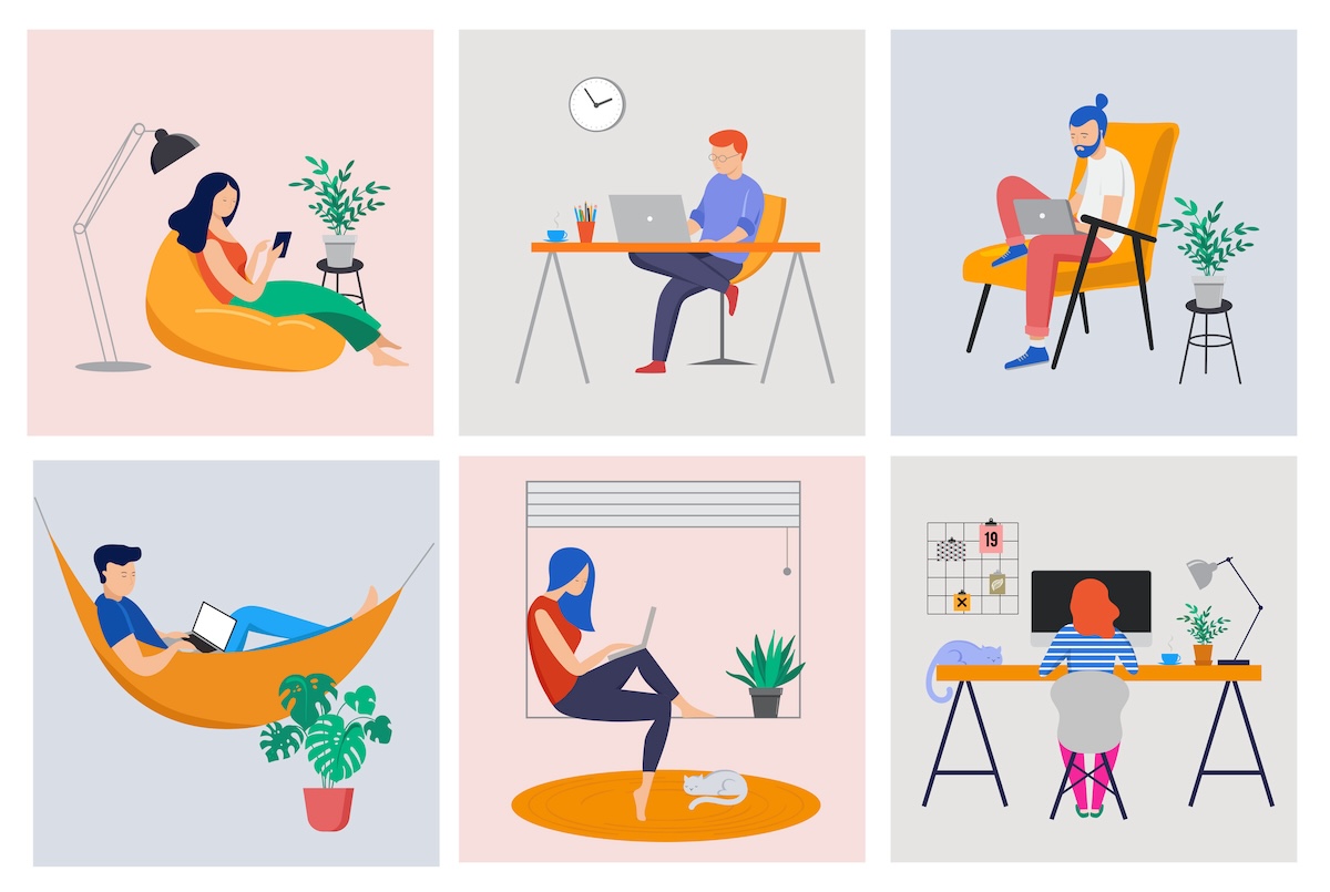 Illustration of six people working in their own homes