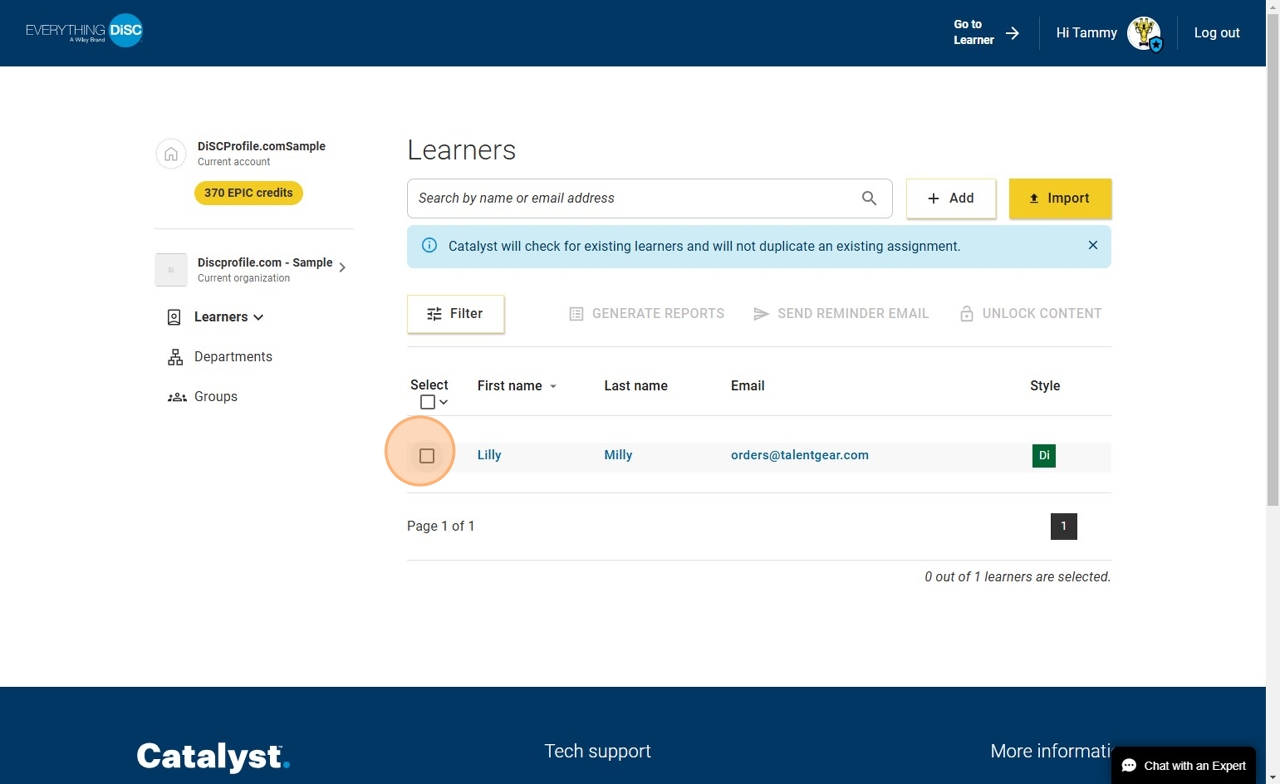 Catalyst Admin: Select each learner whose report you want to download