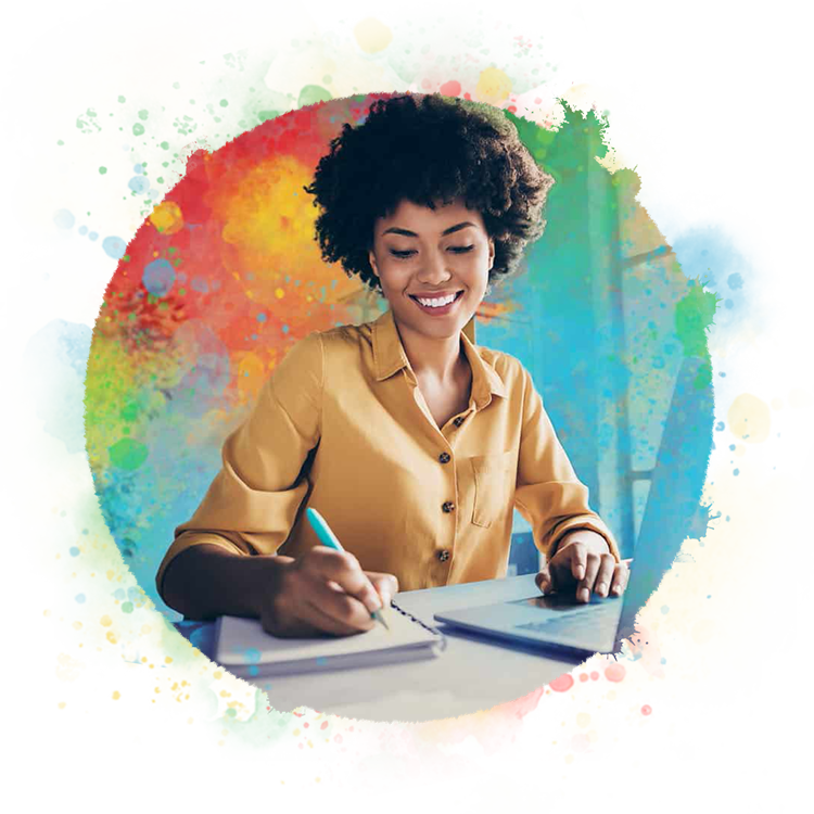 Woman with laptop writing in notebook, colorful background