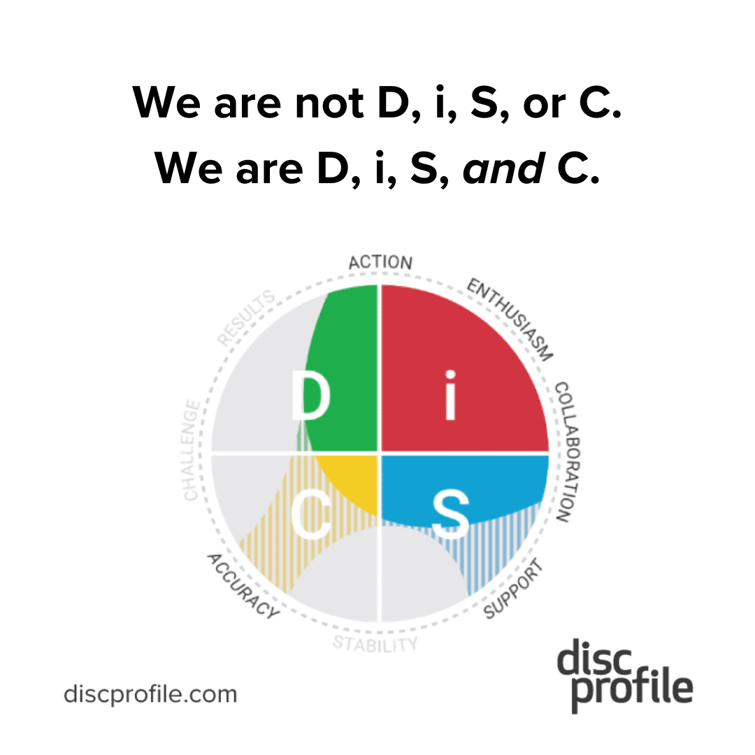 DiSC map with text: We are not D, i, S, or C. We are D, i, S, and C.