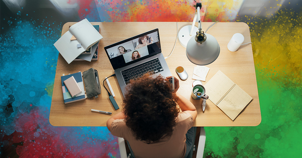 Person in home office in video meeting with three coworkers, virtual teams