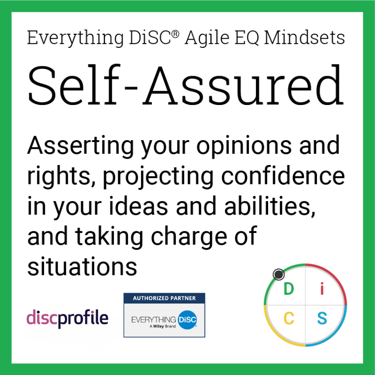 Self-assured mindset: Asserting your opinions and rights, projecting confidence in your ideas and abilities, and taking charge of situations