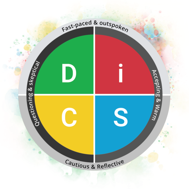 DiSC map showing fast-paced and outspoken at top, cautious and reflective at bottom, questioning and skeptical on the left, and accepting and warm at the right